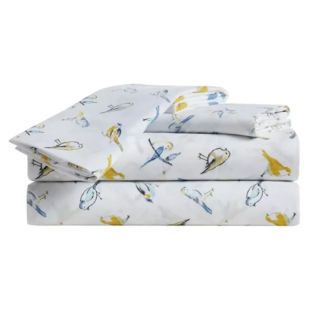 Real Living Timeless 4pc KING Sheet Set Microfiber White Yellow Blue Birds NEW